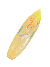 Load image into Gallery viewer, A vintage-style surfboard with a yellow and cream marbled finish, featuring orange and yellow flame graphics and blue text reading 'SUNSET BEACH SURFING' on a plain white background.