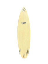 Load image into Gallery viewer, A vintage Al Merrick surfboard shown from the bottom side, featuring a light natural wood finish with a blue logo near the nose and black fins at the tail, set against a plain white background.