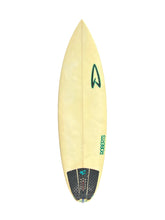 Load image into Gallery viewer, A light white Roberts surfboard with a green logo and green text, featuring a black grip pad at the tail, shown against a plain white background.