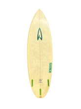 Load image into Gallery viewer, A light natural white surfboard shown from the top, featuring a dark green arrow logo near the nose, the name 'ROBERTS' printed vertically in green near the tail, and three green fin slots at the bottom.