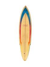 Load image into Gallery viewer, A vintage surfboard with a natural cream color top, featuring painted blue, red, and orange graphic accents on the sides and a red 'G&amp;S' logo in the center, isolated on a white background.