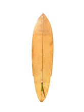 Load image into Gallery viewer, A vintage surfboard shown from a top-down view, featuring a light tan grain finish with a central stringer's line and a small green and yellow fin at the tail, isolated on a white background.