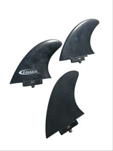 Load image into Gallery viewer, Three black surfboard fins, including two with Excel 4.5 branding, displayed on a clean white background.