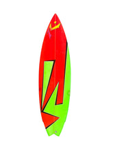 Load image into Gallery viewer, A vintage-style surfboard with a bold red and neon green color-blocked design, outlined in black, featuring a yellow and pink graphic on the nose, isolated on a white background.