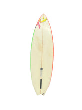 Load image into Gallery viewer, A vintage surfboard shown from the underside against a plain white background. The board has a natural light tone, with a green stripe along the left edge, a red stripe along the right edge, and colorful graphics near the nose.