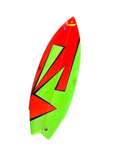 Load image into Gallery viewer, A bright red and neon green surfboard with black outline details and a small yellow logo near the nose, isolated on a white background.