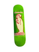 Load image into Gallery viewer, A bright green skateboard deck featuring a stylized cream-colored female figure outlined in red, with the text 'KROOKED SKATEBOARDING' and 'MATT RODRIGUEZ' printed on it, shown against a plain white background.