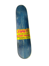 Load image into Gallery viewer, A skateboard deck with a blue wood-grain pattern and a yellow and pink 'Krooked Skateboards Guest Board' sticker in the center, shown against a plain white background.