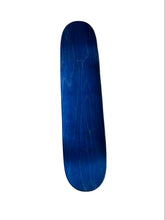 Load image into Gallery viewer, A blue skateboard deck with a glossy finish and visible wood grain patterns, shown vertically against a plain white background.