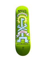 Load image into Gallery viewer, A skateboard deck with a bright lime green to dark green gradient, featuring a stylized light blue figure with a yellow sunburst and banners reading 'MEMENTO' and 'SKATEBOARDING'.