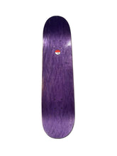 Load image into Gallery viewer, A purple skateboard deck with a glossy finish and a small red, white, and blue logo sticker near the top center, shown against a plain white background.