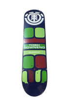 Load image into Gallery viewer, A Element skateboard deck featuring a dark navy blue background with a white circular logo at the nose, green and red geometric block graphics, and 'TOSH TOWNEND' printed in white on a green band near the center.
