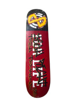 Load image into Gallery viewer, A skateboard deck with a red lower half, black upper half, and colorful graffiti-style graphics, shown vertically on a plain white background.