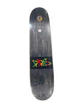 Load image into Gallery viewer, A Tosh Townend skateboard deck with a  light black finish and a colorful graphic logo near the front, shown against a plain white background.