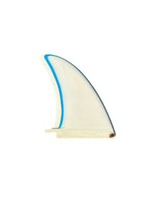 Load image into Gallery viewer, A single surfboard fin blade with a translucent off-white body and a bright blue edge accent, isolated on a solid white background.