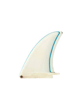 Load image into Gallery viewer, A single surfboard fin tip with a cream-colored fiberglass body and a bright blue edge trim, isolated on a solid white background.