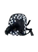 Load image into Gallery viewer, A small black and white checkered backpack with black straps and a black front buckle closure, shown on a plain white background.