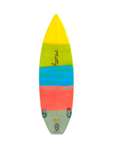 Load image into Gallery viewer, A hand-painted surfboard featuring horizontal stripes of yellow, green, blue, and coral red, with a light gray tail and the word 'metrop' painted in black script.