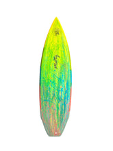 Load image into Gallery viewer, A long, narrow surfboard shown upright against a plain white background. The board has a bright neon yellow-to-green gradient top half, with blue, pink, and orange paint-like streaks running vertically down the lower portion.