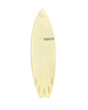 Load image into Gallery viewer, A used surfboard with a pale yellow body, featuring a black and white 'PYZEL' logo near the center and three vent slots near the tail, shown against a plain white background.