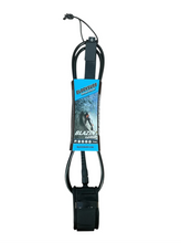 Load image into Gallery viewer, Black surfboard leash with a blue label on a white background