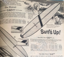 Load image into Gallery viewer, Vintage advertisement for surfboards with text and images of surfers and boards.