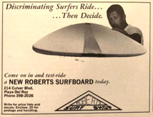 Load image into Gallery viewer, Vintage advertisement for Roberts Surf Shop with a man holding a surfboard.