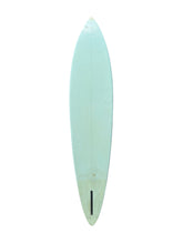 Load image into Gallery viewer, A light baby blue surfboard shown from the bottom side, featuring a single black finbox at the tail, isolated on a solid white background.