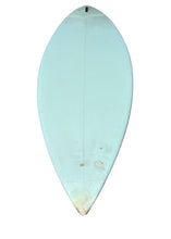 Load image into Gallery viewer, The underside of a light blue surfboard, showing a center line, small scuffs, and a worn tip, isolated on a white background.
